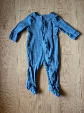 Rabbit + Bear Blue Ribbed Footed Baby One-Piece Sleeper